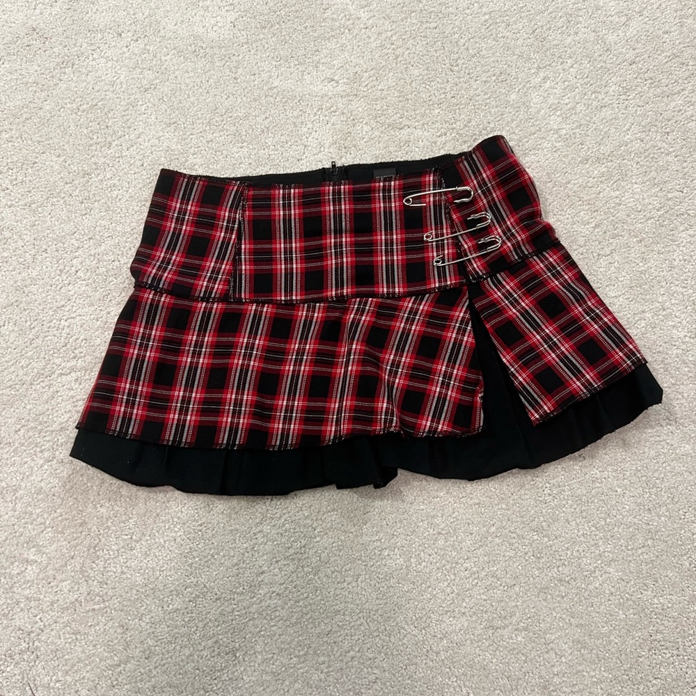 Red Plaid Mini Skirt with Black Layered Hem